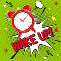 Wake up!! Lettering cartoon vector illustration with alarm clock on green halfone background Royalty Free Stock Photo